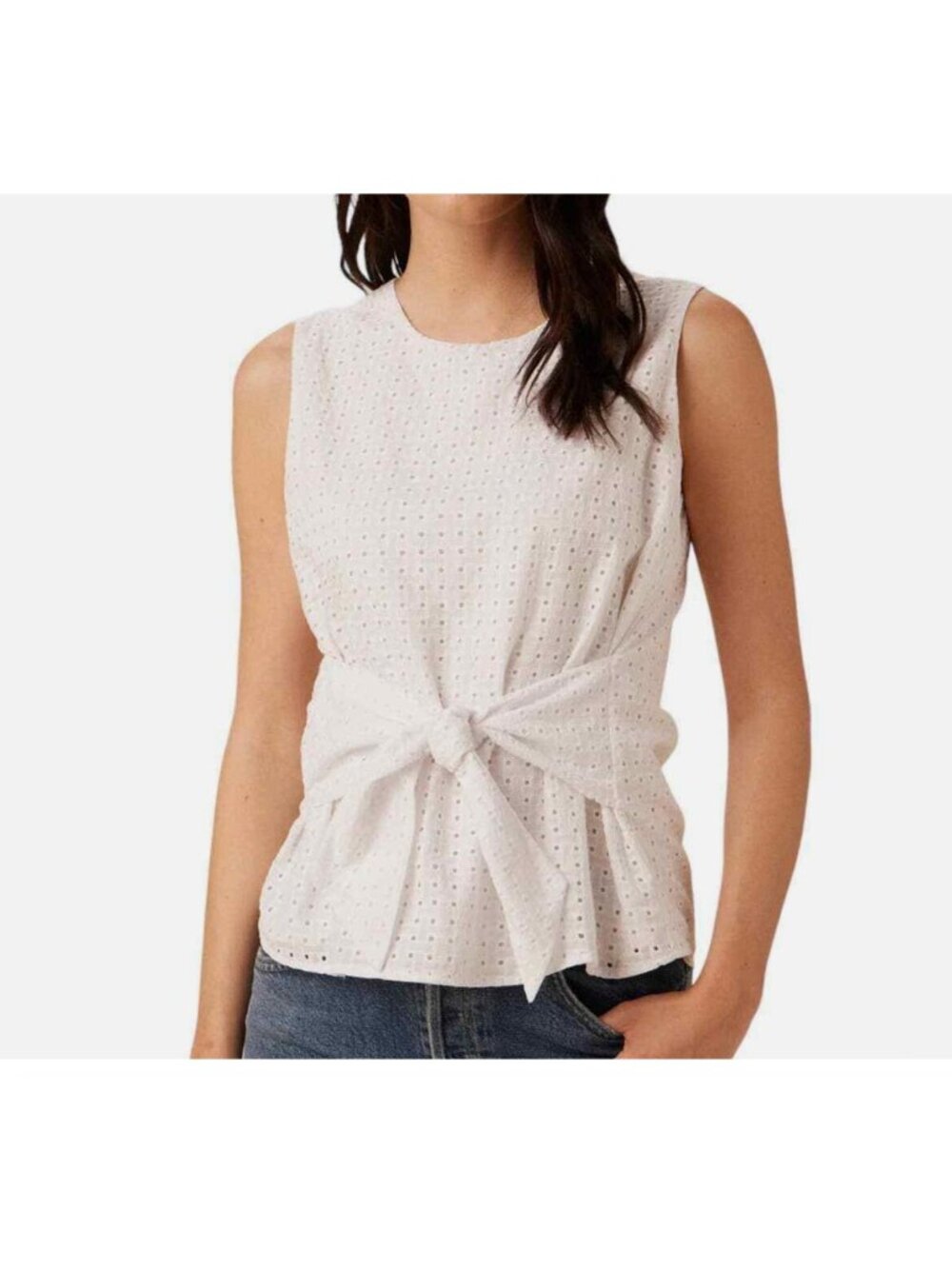 Amour Vert Ryan Eyelet Top Womens XS White Sleeveless Tie Front Tank Lined Boho